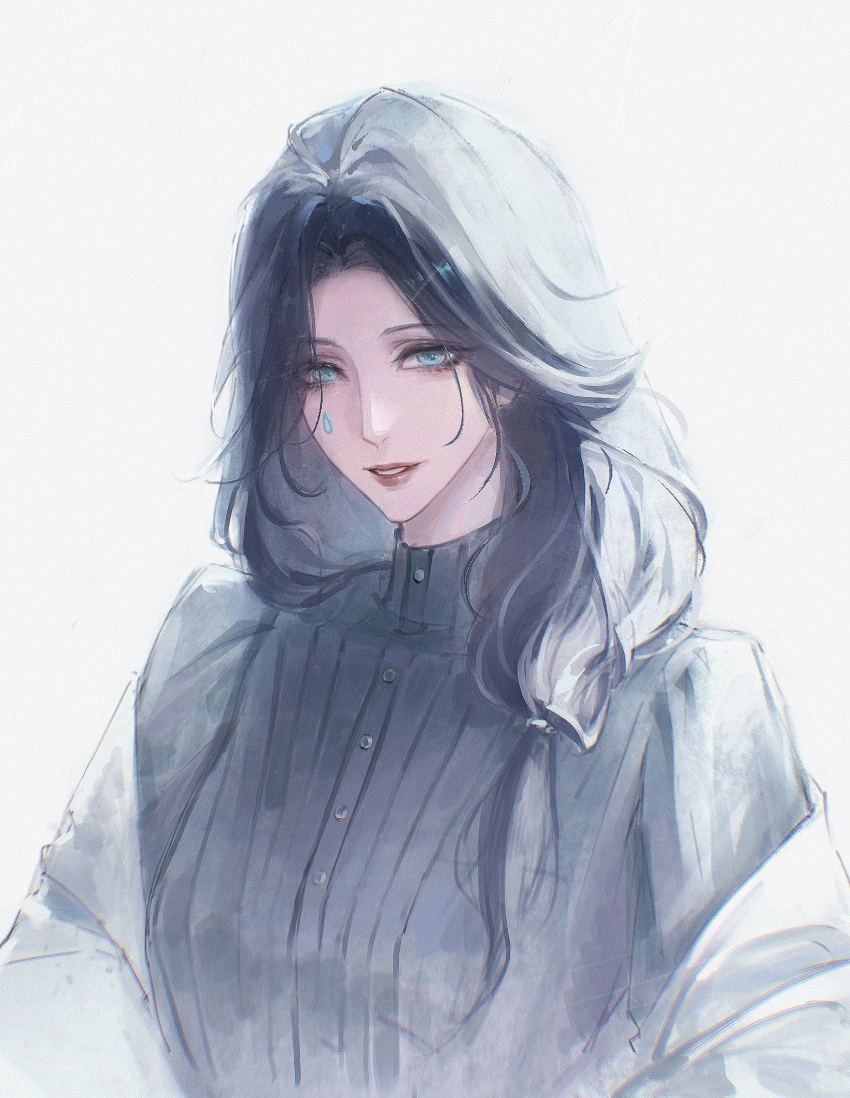 1girl, alternate_costume, aqua_eyes, black_hair, black_sweater, curtained_hair, forehead, grey_background