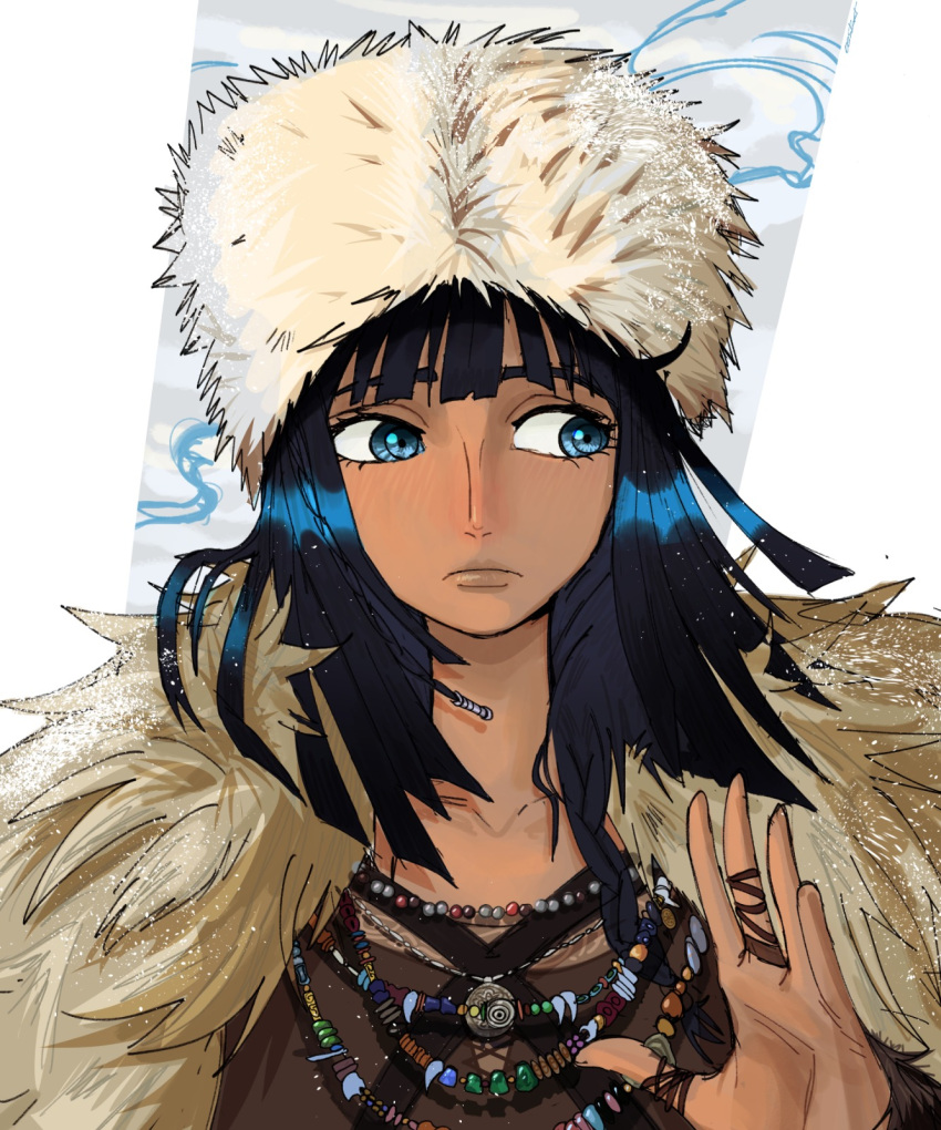 1girl, blue_eyes, blunt_bangs, blush, brown_shirt, closed_mouth, commentary, fur_hat, hat, highres, jewelry, looking_to_the_side, medium_hair, necklace, nico_robin, oestart, one_piece, shirt, solo, symbol-only_commentary, upper_body