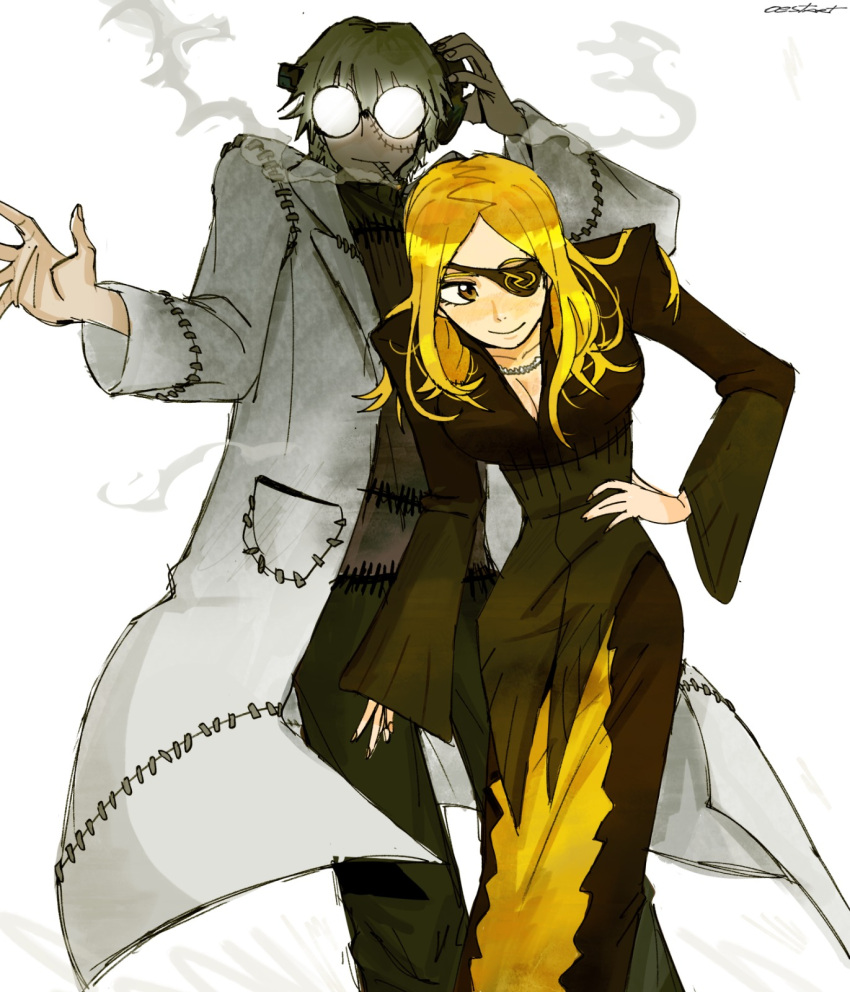 1boy, 1girl, blonde_hair, cigarette, eyepatch, feet_out_of_frame, franken_stein_(soul_eater), glasses
