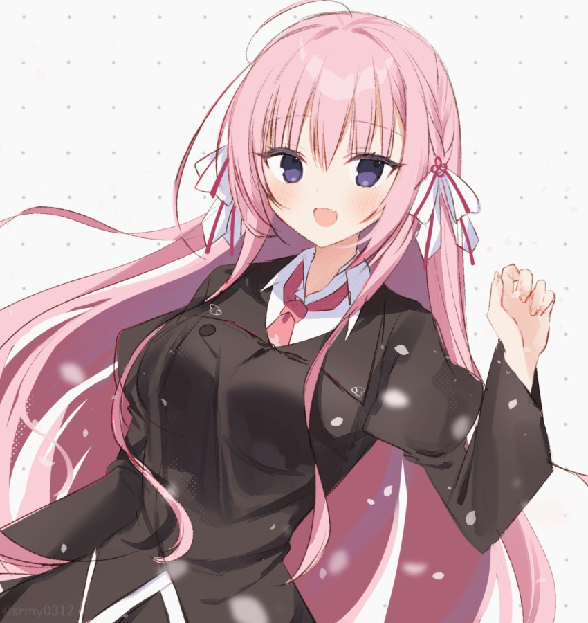 1girl, :d, ahoge, aiyan, black_jacket, blush, bow, braid