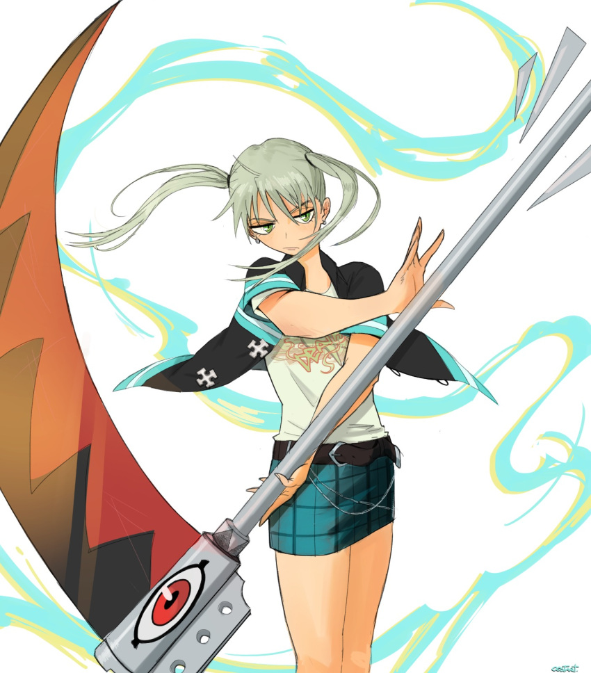 1girl, belt, blonde_hair, closed_mouth, commentary, earrings, floating_hair, green_eyes