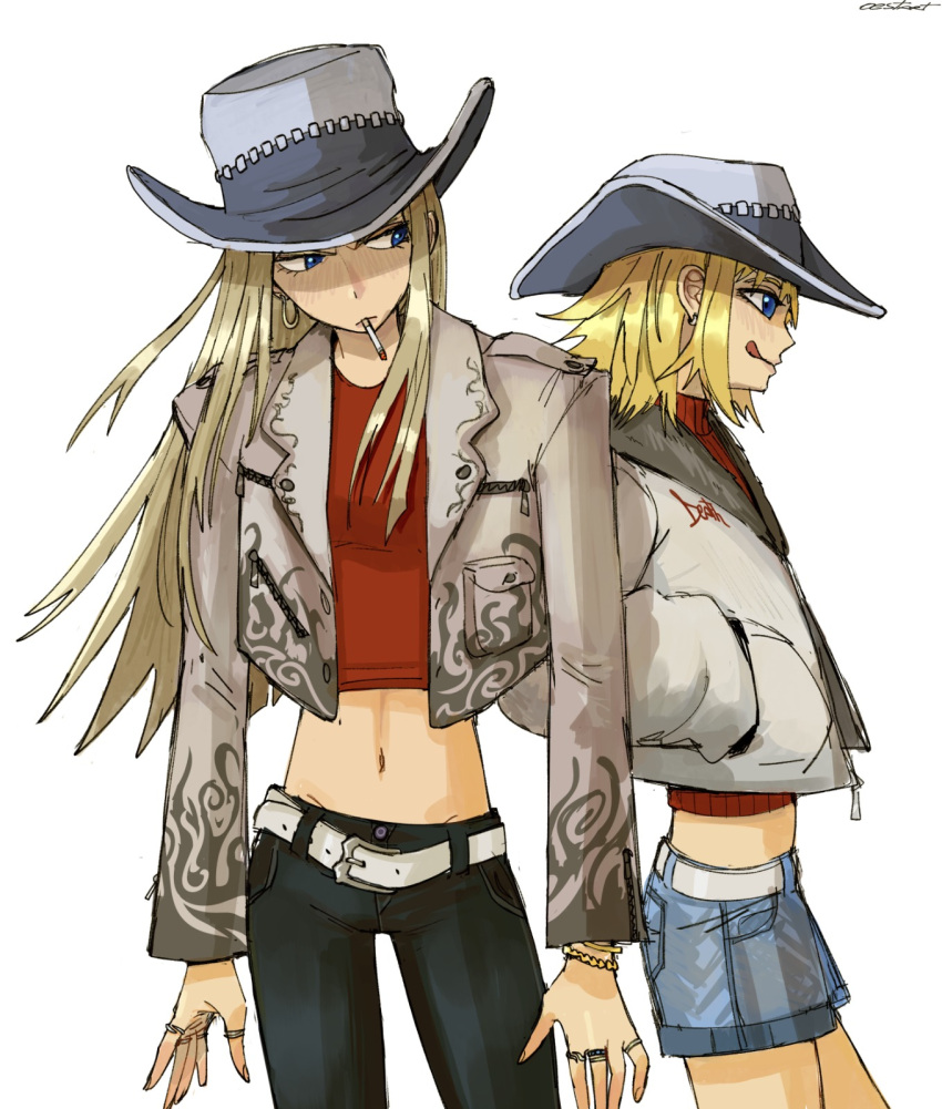 2girls, blonde_hair, blue_eyes, blush, bracelet, cigarette, commentary, cowboy_hat
