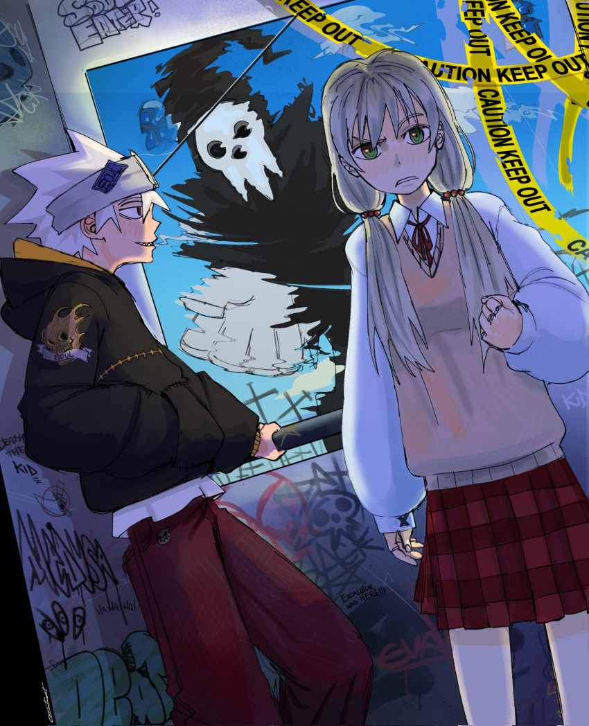 1girl, 2boys, blonde_hair, blush, collared_shirt, commentary, green_eyes, hand_in_pocket