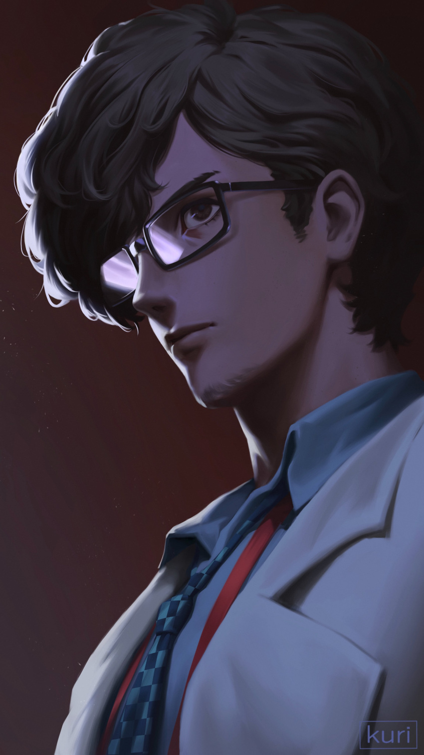 1boy, absurdres, artist_name, black-framed_eyewear, blue_necktie, blue_shirt, brown_eyes, brown_hair