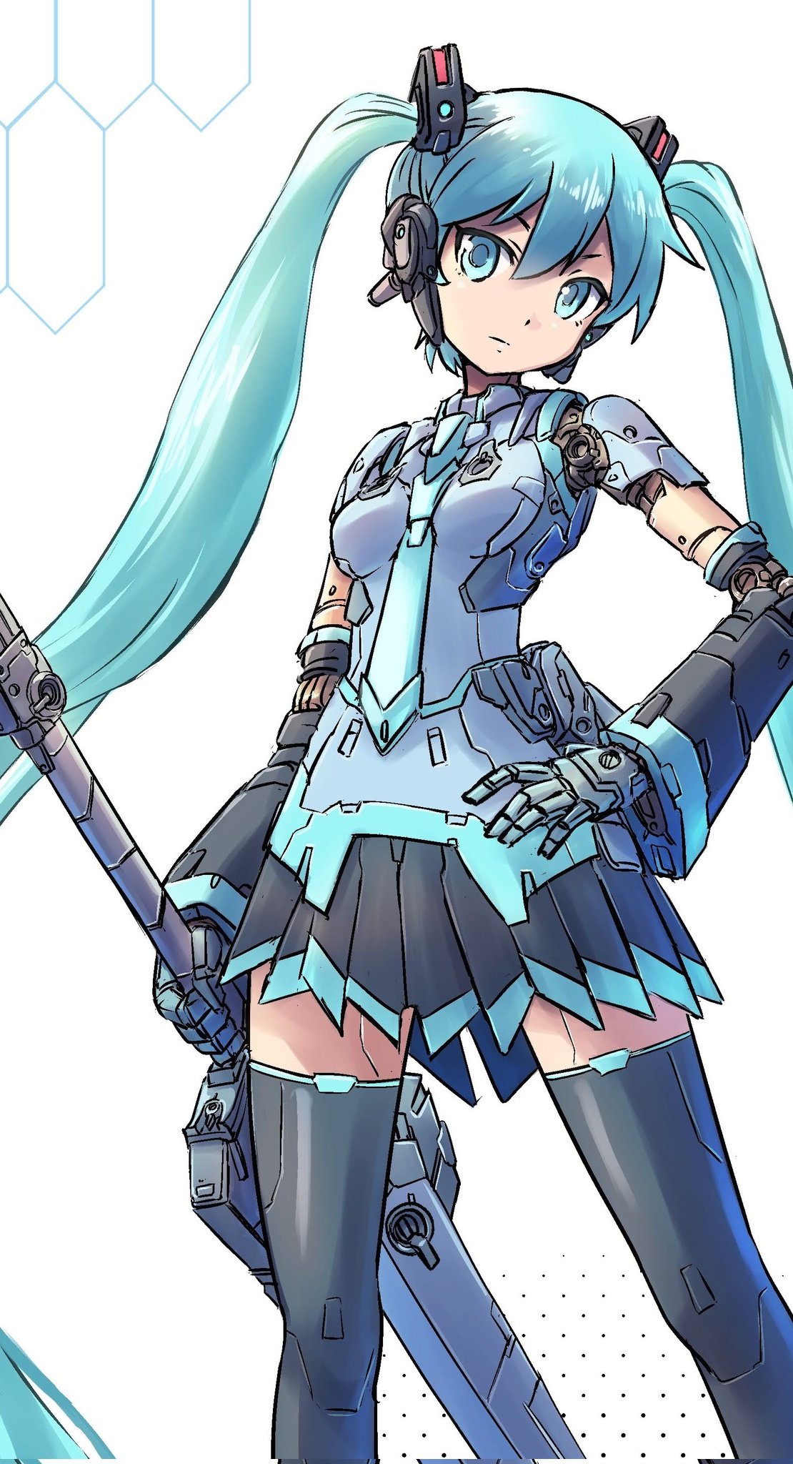 1girl, aqua_eyes, aqua_hair, aqua_necktie, arms_at_sides, black_skirt, closed_mouth, commentary_request, corrupted_twitter_file, cowboy_shot, hair_between_eyes, hand_on_own_hip, hatsune_miku, headphones, highres, holding, holding_sword, holding_weapon, legs_apart, long_hair, looking_at_viewer, mechabare, mechanical_arms, mechanical_hands, mechanical_legs, mechanical_necktie, mechanical_skirt, mechanical_sword, mechanization, miniskirt, necktie, nontraditional_miko, pleated_skirt, skirt, solo, standing, sword, tsune_(dreamers_express), twintails, very_long_hair, vocaloid, weapon, white_background, zettai_ryouiki