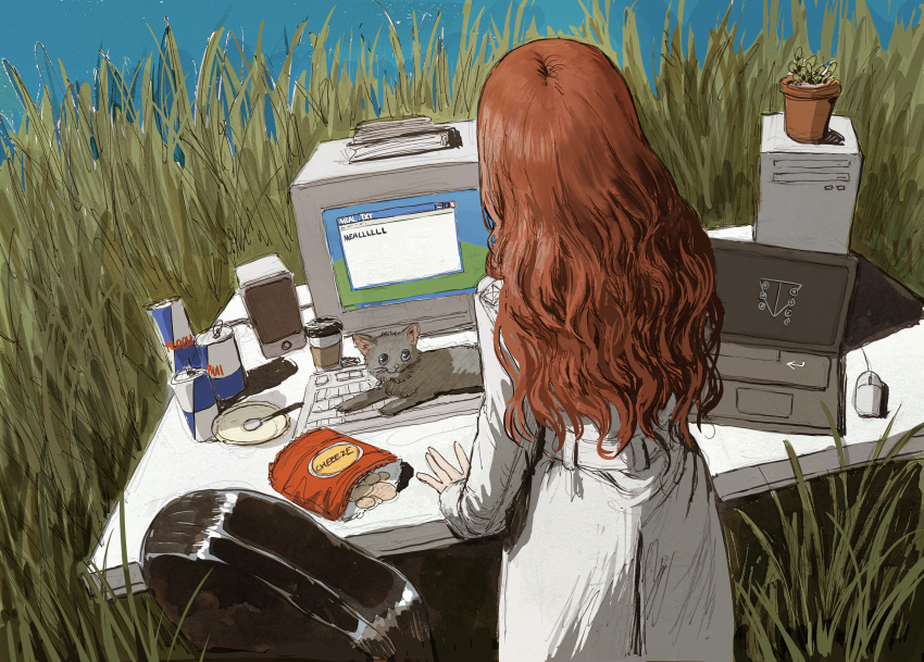 1girl, absurdres, black_cat, can, cat, cat_on_keyboard, chair, chips_(food)