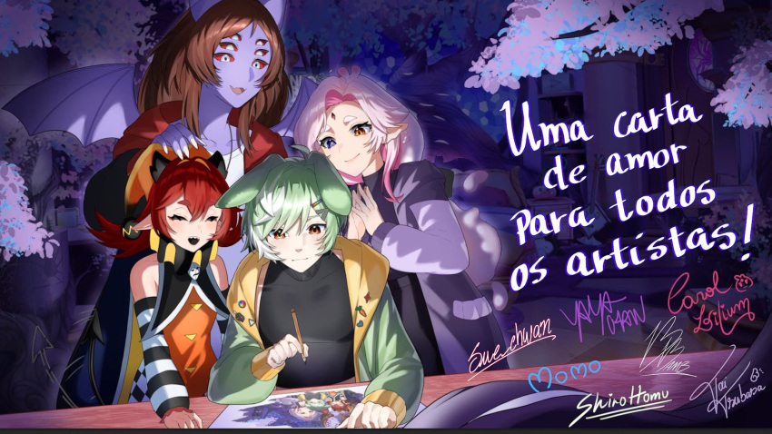 animal_ears, badge, bare_shoulders, bat_boy, bat_ears, black_shirt, blue_eyes, brown_hair