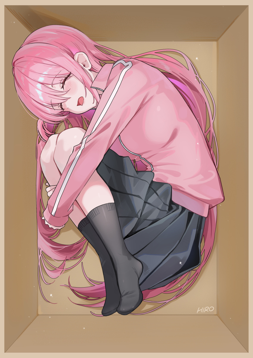 1girl, absurdres, artist_name, black_skirt, black_socks, blush, bocchi_the_rock!, box