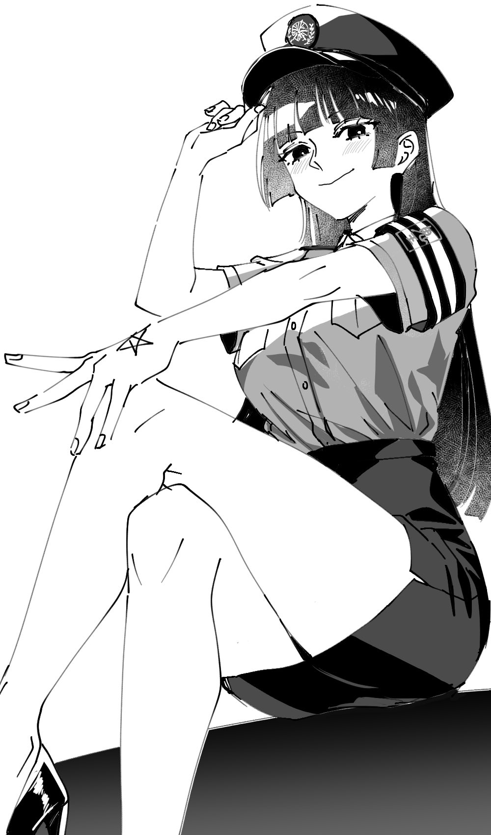1girl, blush, closed_mouth, collared_shirt, crossed_legs, feet_out_of_frame, fructua_kk, hand_on_own_knee