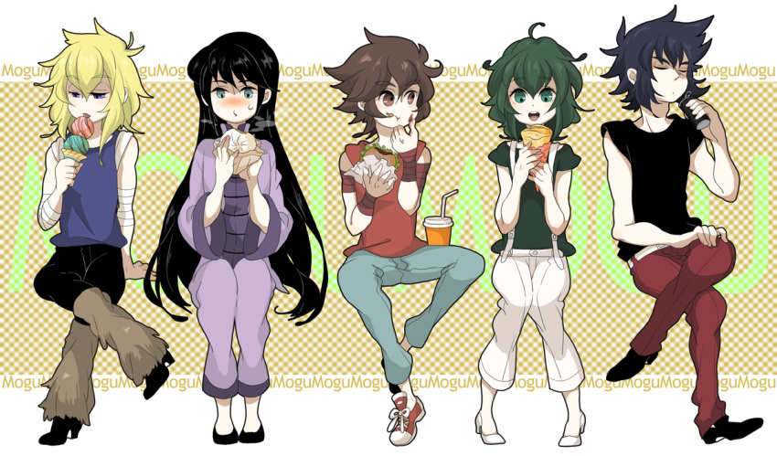 androgynous, andromeda_shun, black_hair, blonde_hair, brown_hair, casual, chikafuji, cygnus_hyoga, dragon_shiryu, eating, green_hair, holding, multiple_boys, pegasus_seiya, phoenix_ikki, saint_seiya, sitting