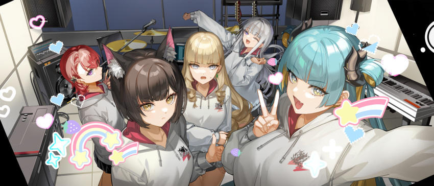 5girls, :<, animal_ears, aqua_hair, arm_up, artist_request, bare_legs, black_hair, black_shorts, black_skirt, blonde_hair, blunt_bangs, blunt_sidelocks, breasts, cheona_(last_origin), closed_mouth, collarbone, colored_inner_hair, dog_ears, dog_girl, dragon_girl, dragon_horns, drill_hair, drum, drum_set, earrings, electric_guitar, fafnir_(last_origin), fake_phone_screenshot, fake_screenshot, fang, flower, fluff, food, four-pointed_star, from_side, fruit, game_cg, gem, green_gem, grey_hoodie, guitar, hair_between_eyes, hair_flower, hair_ornament, hair_rings, hand_in_pocket, hand_on_own_arm, heart, highres, hime_cut, hood, hoodie, horns, huge_breasts, indoors, instrument, janghwa_(last_origin), jewelry, keyboard_(instrument), large_breasts, last_origin, light_smile, long_hair, long_sidelocks, looking_at_viewer, maria_rioboros, mechanical_horns, medium_breasts, microphone, microphone_stand, mixing_console, mole, mole_under_eye, multicolored_hair, multiple_girls, non-web_source, official_art, one_eye_closed, open_mouth, pleated_skirt, posing, rainbow, red_hair, red_hoodie, selfie, shooting_star, short_hair, shorts, sidelocks, skirt, slit_pupils, smile, snake_girl, speaker, standing, strawberry, sweatdrop, thick_eyebrows, thumbs_up, tongue, two-tone_hair, two-tone_hoodie, v, vargr_(last_origin), violet_eyes, white_hair, yellow_eyes