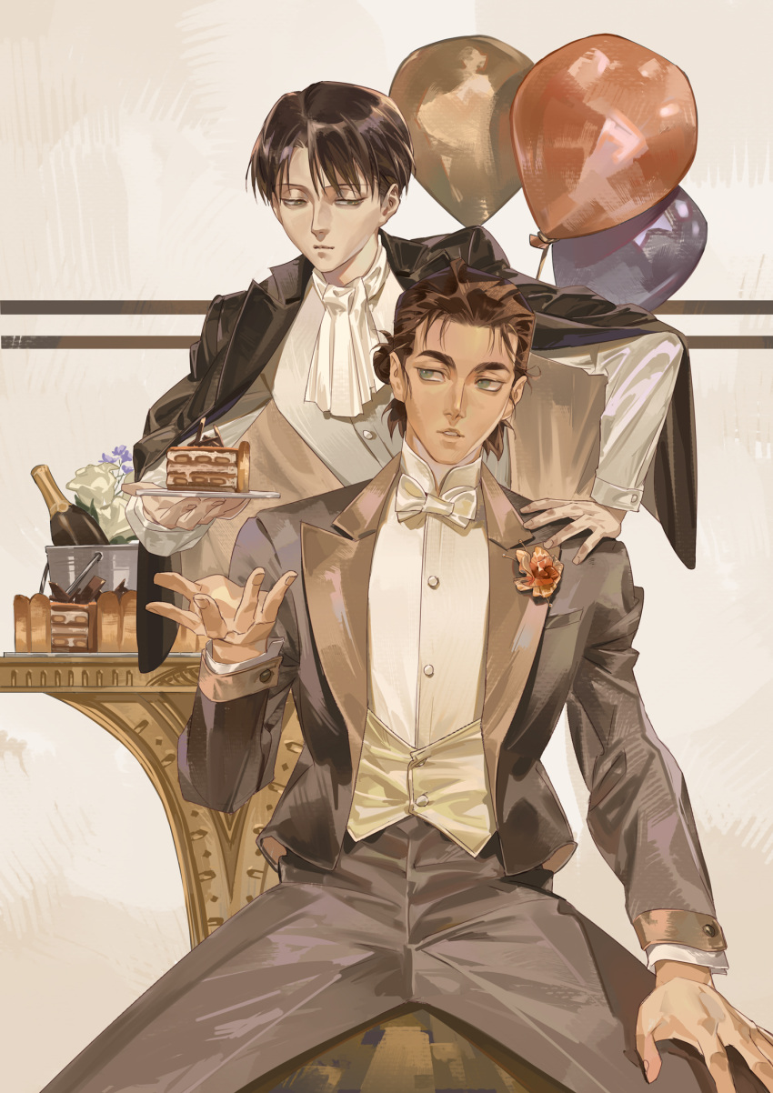 2boys, ascot, balloon, black_hair, black_jacket, bottle, bow, bowtie