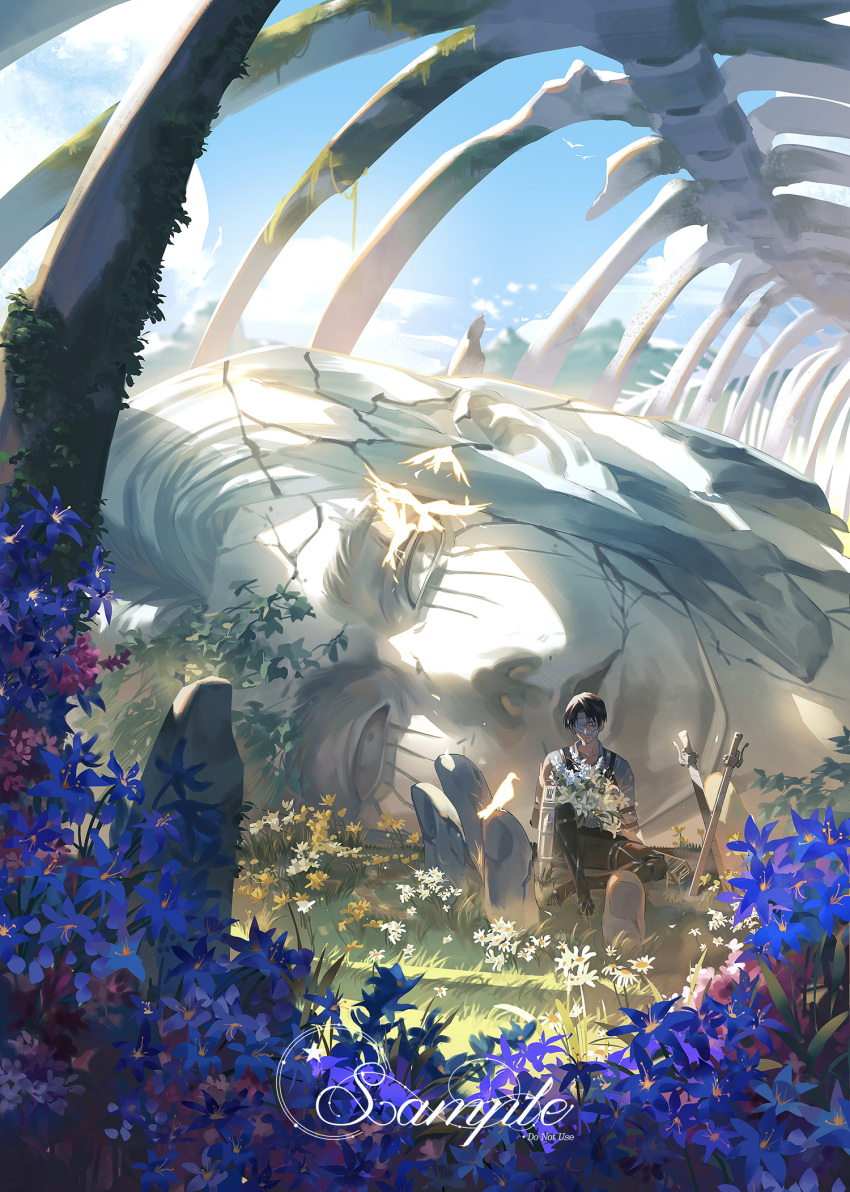 2boys, bandages, bandages_over_eyes, black_hair, blue_flower, broken_statue, collared_shirt, cracked_skin