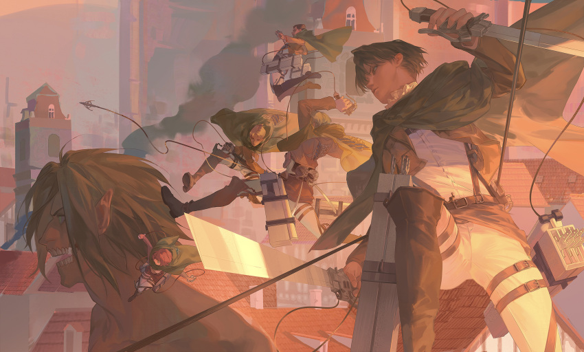 1girl, 5boys, auruo_bossard, black_hair, blonde_hair, boots, brown_hair, brown_jacket