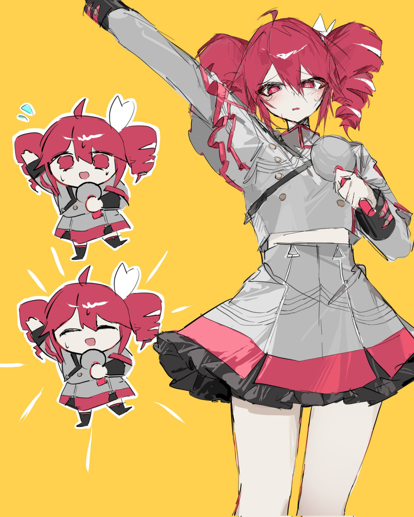 1girl, ahoge, border, bow, buttons, chibi, chibi_inset, cowboy_shot, double-breasted, drill_hair, flying_sweatdrops, frilled_skirt, frills, grey_jacket, grey_skirt, hair_between_eyes, hair_bow, highres, holding, holding_microphone, jacket, kasane_teto, kasane_teto_(sv), long_sleeves, looking_at_viewer, microphone, midriff_peek, miniskirt, multiple_views, musical_staff, musical_staff_print, open_mouth, red_eyes, red_hair, red_trim, shoulder_belt, shoulder_boards, sidelocks, simple_background, skirt, sleeve_cuffs, standing, striped_clothes, striped_jacket, striped_skirt, synthesizer_v, tetoris_(synthesizer_v), twin_drills, twintails, ummwa, utau, white_border, white_bow, yellow_background