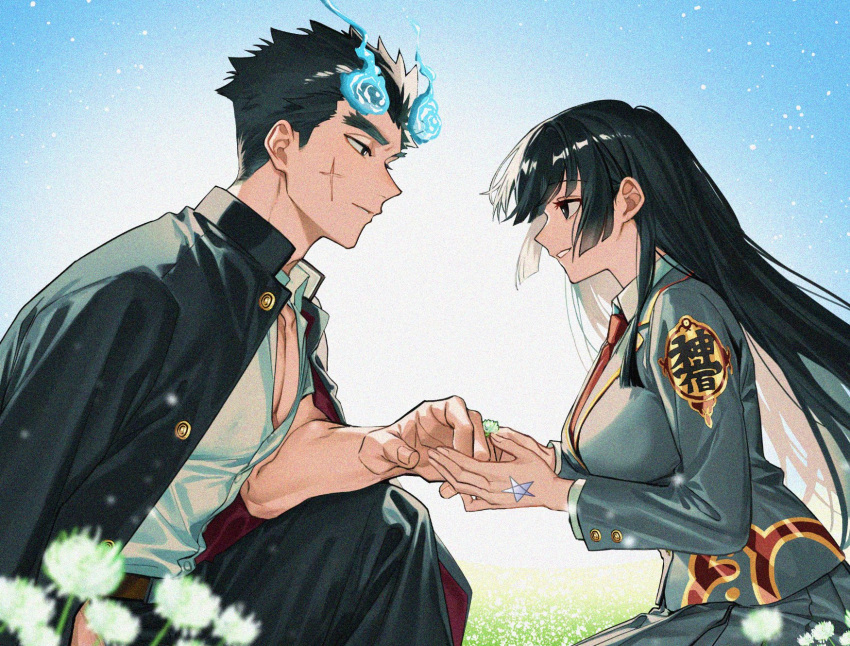 1boy, 1girl, belt, black_eyes, black_hair, black_jacket, black_pants, blue_fire