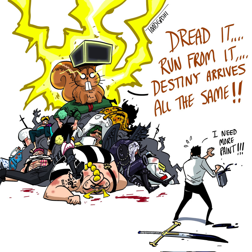 aramaki_(ryokugyu), charlotte_katakuri, collapsed, dracule_mihawk, fainted, king_(one_piece), long_hair, marco_(one_piece)