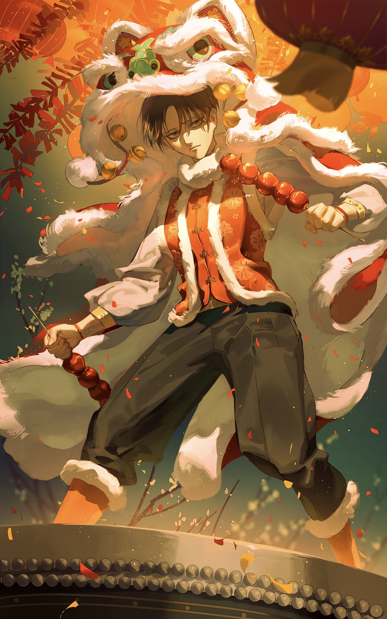 1boy, black_hair, black_pantyhose, boots, chinese_new_year, cloak, commentary, dragon_hood