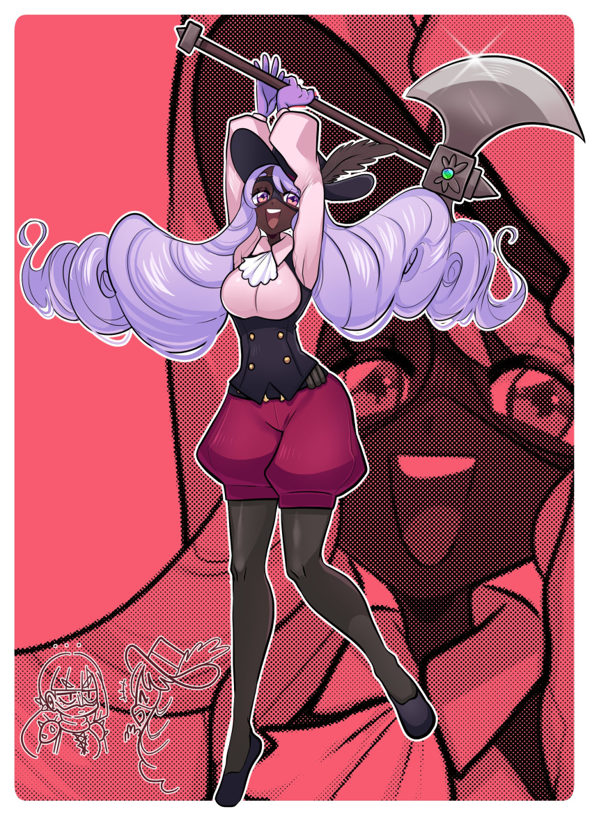 2girls, absurdres, ascot, axe, biker_clothes, black_feathers, black_hat, black_pantyhose