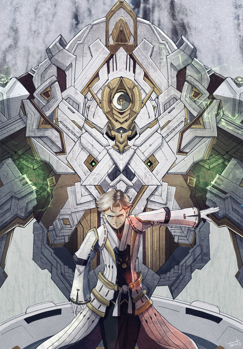 absurdres, black_pants, closed_mouth, coat, commentary, ferronis_(xenoblade), glowing_markings, grey_hair