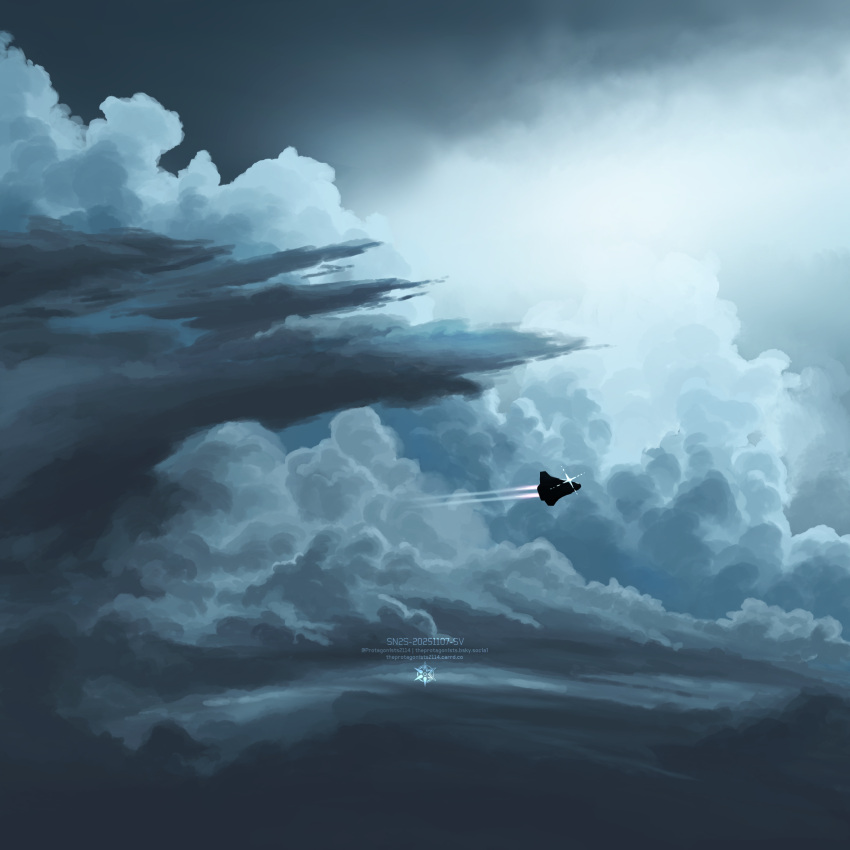 above_clouds, aircraft, clouds, cloudy_sky, commentary, english_commentary, glint, grey_theme