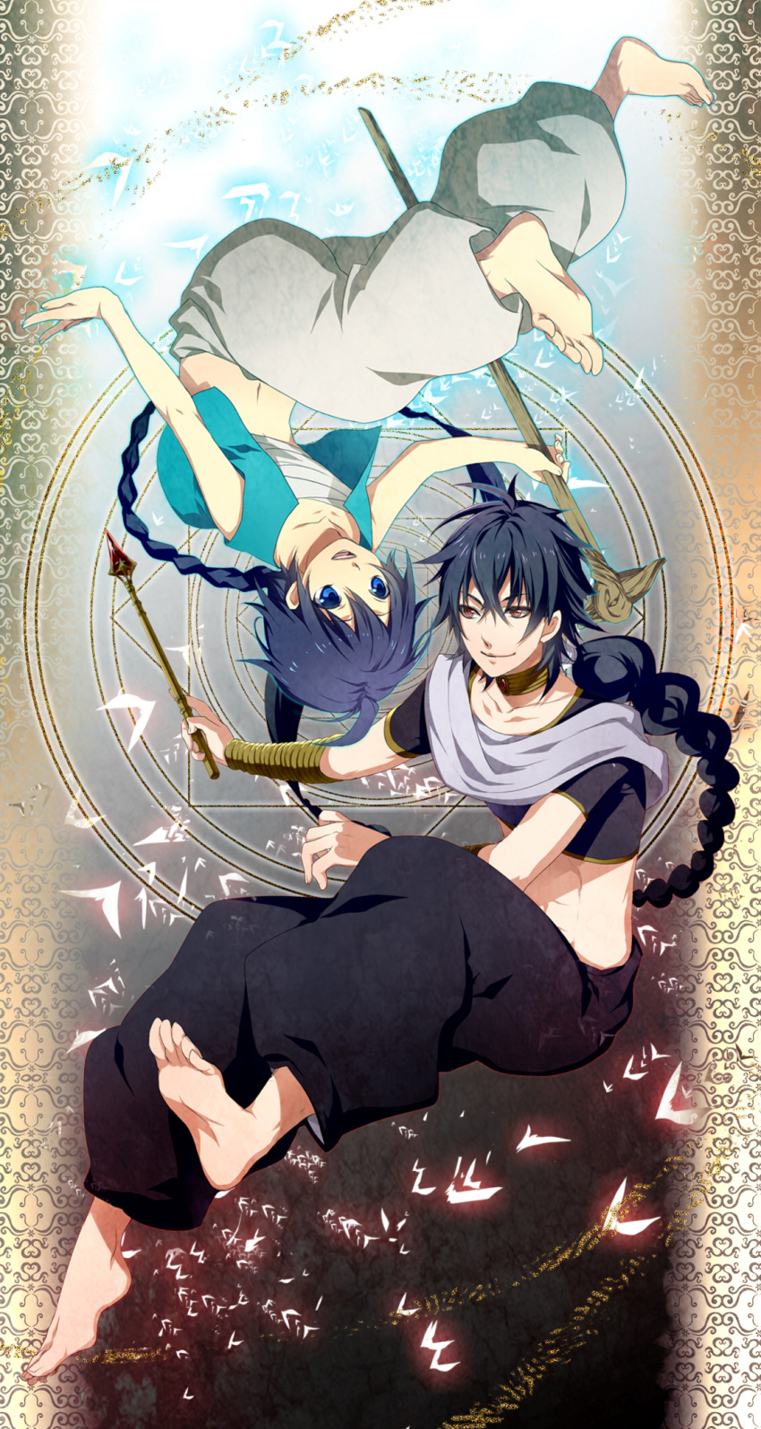 aladdin_(magi), baggy_pants, barefoot, black_hair, blue_eyes, braid, highres, jewelry