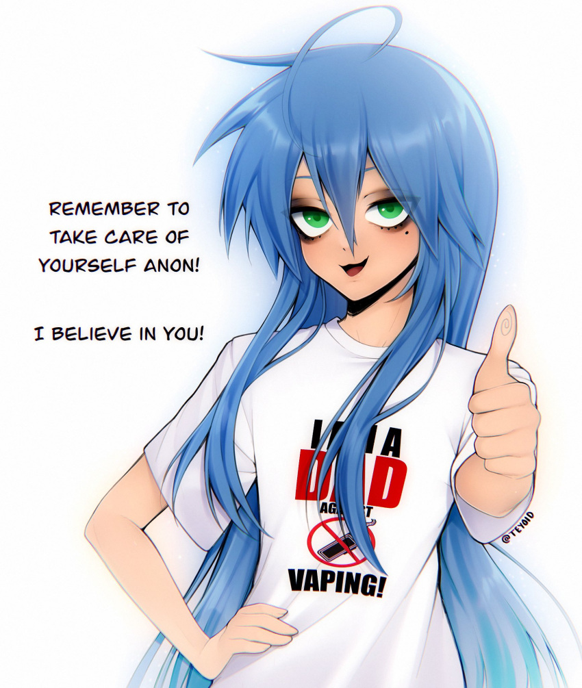 1girl, ahoge, blue_hair, clothes_writing, commentary, double-parted_bangs, english_commentary, green_eyes, hair_between_eyes, hand_on_own_hip, highres, izumi_konata, long_hair, looking_at_viewer, lucky_star, mole, mole_under_eye, open_mouth, sanpaku, shirt, short_sleeves, simple_background, smile, solo, teyoid, thumbs_up, upper_body, white_background, white_shirt