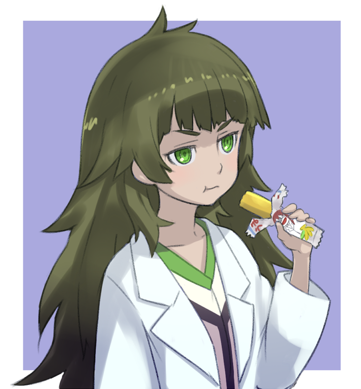 1girl, blunt_bangs, border, character_drawing, collar, collarbone, commentary_request, dress, eating, food, green_collar, green_dress, green_eyes, green_hair, green_trim, grey_jacket, hiyajou_maho, holding, holding_food, jacket, jacket_over_dress, lab_coat, long_hair, long_sleeves, makise_kurisu, makise_kurisu_(amadeus), menomorute, messy_hair, purple_background, science_adventure, shirt, solo, steins;gate, steins;gate_0, thick_eyebrows, upper_body, very_long_hair, white_border