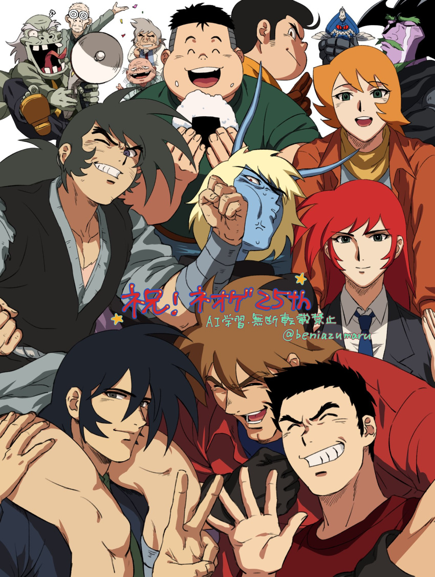 2girls, 6+boys, ^_^, anger_vein, anniversary, antennae, arm_around_shoulder, balding