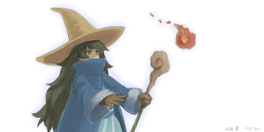 1girl, black_mage_(final_fantasy), black_mage_(final_fantasy)_(cosplay), blue_coat, blunt_bangs, brown_gloves, brown_hair, coat