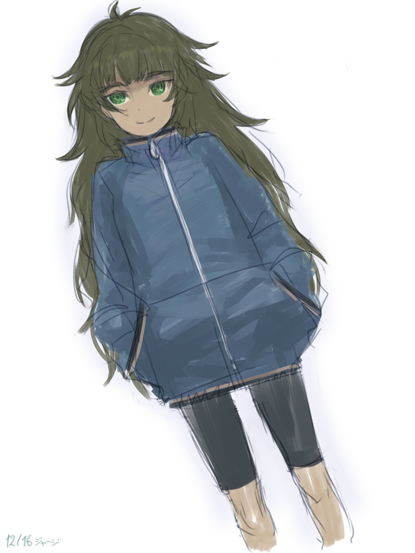 1girl, ahoge, alternate_costume, amane_suzuha, amane_suzuha_(cosplay), bike_shorts, blue_jacket, blunt_bangs
