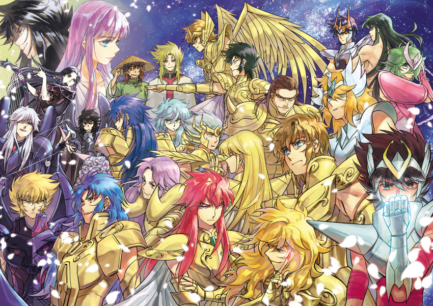 aquarius_camus, aries_mu, aries_shion, athena_(saint_seiya), cancer_deathmask, capricorn_shura, cygnus_hyoga, dragon_shiryu