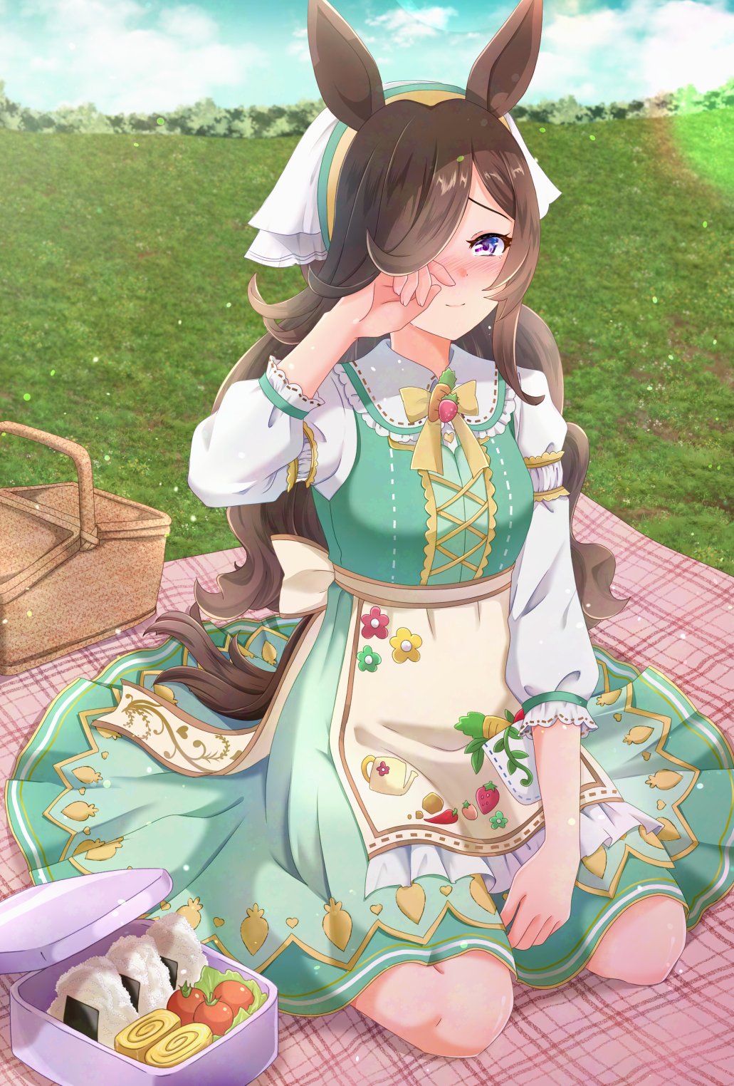 1girl, animal_ears, blush, bow, breasts, brown_hair, carrot, carrot_print, closed_mouth, commentary_request, dress, food, food_print, green_dress, hair_over_one_eye, highres, horse_ears, horse_girl, horse_tail, long_hair, looking_at_viewer, official_alternate_costume, official_alternate_hairstyle, onigiri, outdoors, picnic_basket, picnic_blanket, puritan_collar, rice_shower_(umamusume), rice_shower_(yummy_dreamy_fairy)_(umamusume), seiza, sitting, small_breasts, smile, solo, tail, tomato, twintails, umamusume, violet_eyes, yellow_bow, yukiomi_kizuki