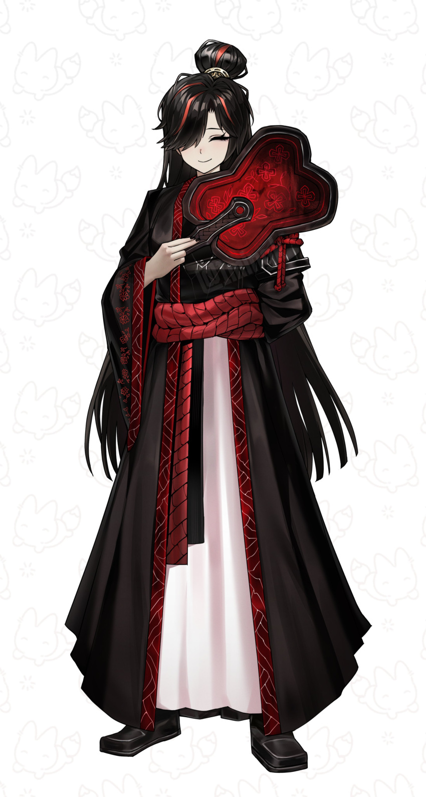 1girl, 1mingk, ^_^, absurdres, black_hair, black_hanfu, blunt_ends, chinese_clothes
