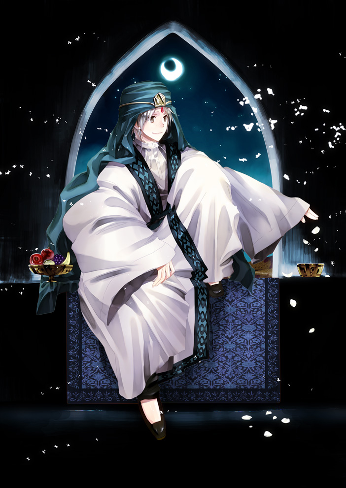 crescent_moon, food, fruit, fuu_takara, houhou_(black_lack), ja'far, ja'far, keffiyeh