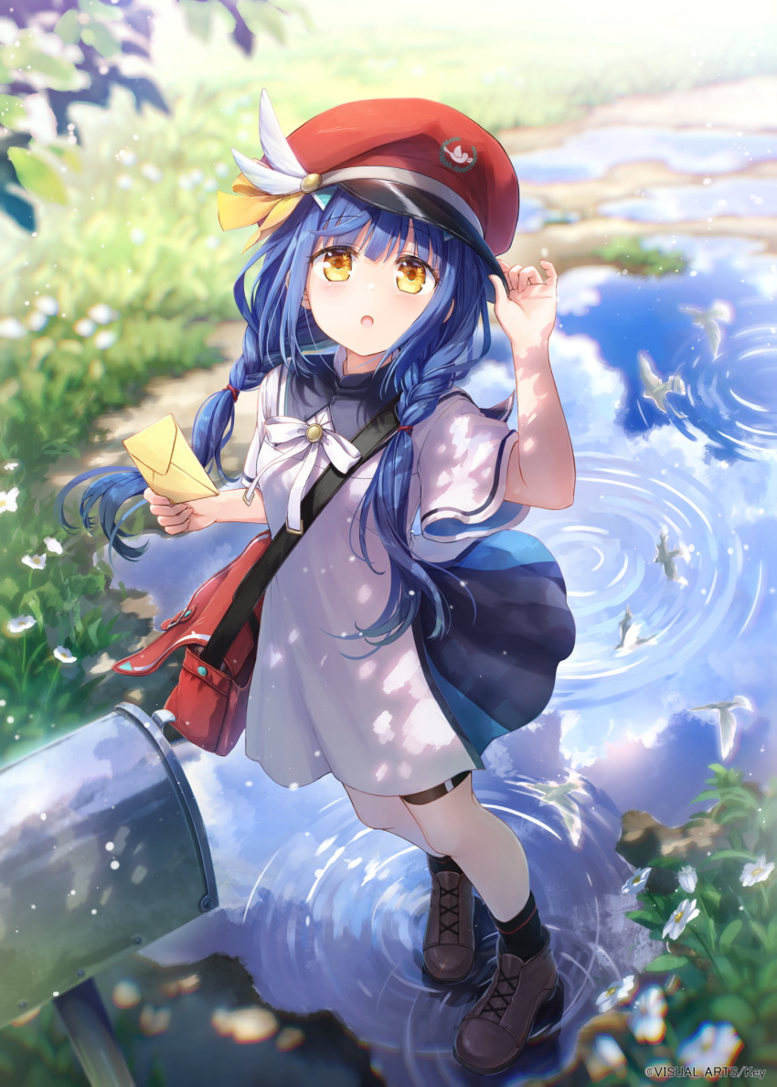 1girl, :o, anemoi, bag, black_socks, blue_dress, blue_hair, blue_sky