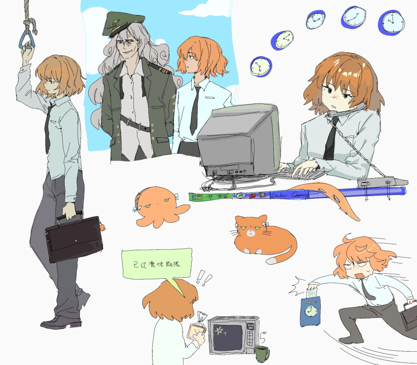 2girls, ahab_(project_moon), animalization, arm_up, baozao_bi_ge, black_necktie, cat, chinese_text