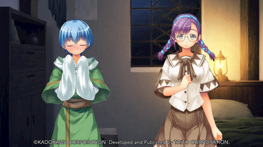 1boy, 1girl, atelier-moo, bed, blue_hair, blush, braid, breasts