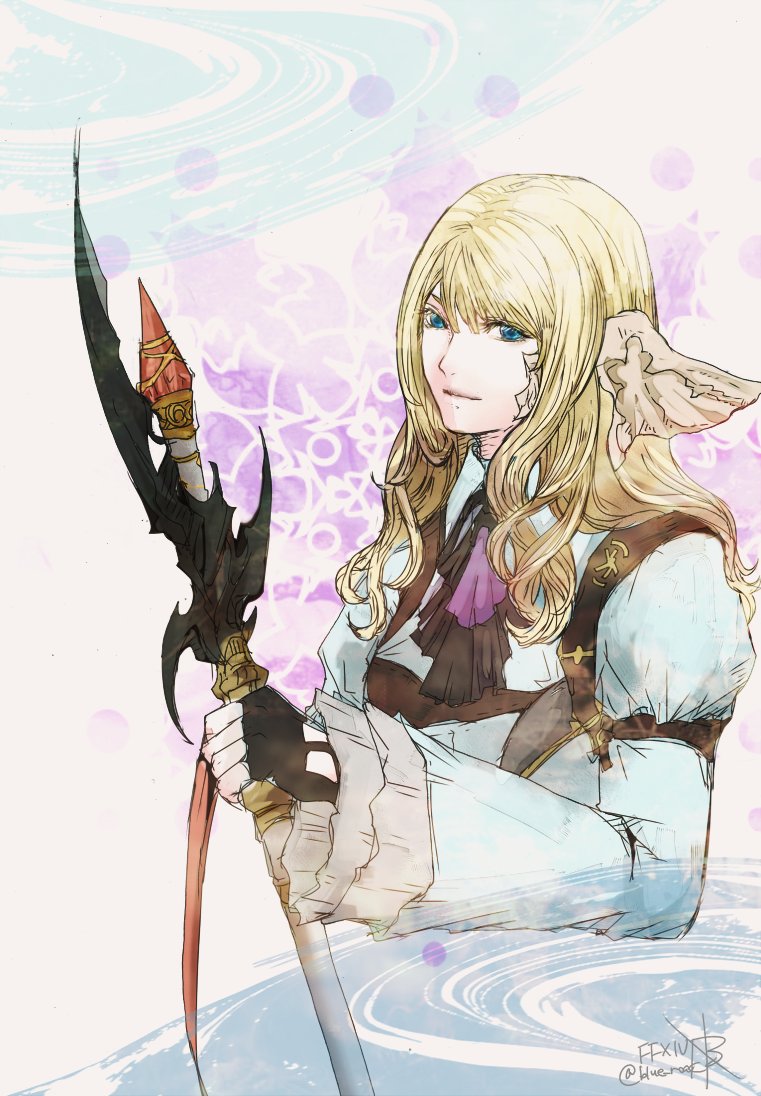 1girl, au_ra, black_gloves, blonde_hair, blue_eyes, commentary, copyright_name, final_fantasy