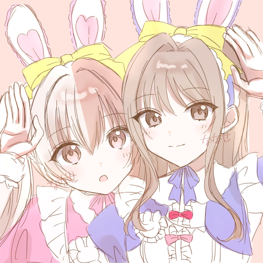 2girls, animal_ear_hairband, animal_ears, apron, bow, brown_eyes, brown_hair, d4dj, dress, fake_animal_ears, frilled_apron, frilled_dress, frills, hair_between_eyes, hair_bow, hairband, highres, long_hair, multicolored_hair, multiple_girls, pink_eyes, pink_hair, rabbit_ear_hairband, rabbit_ears, rabbit_pose, shinomiya_kokoa, sidelocks, sketch, srtrkrm, tendo_hayate, two-tone_hair, upper_body, white_hair