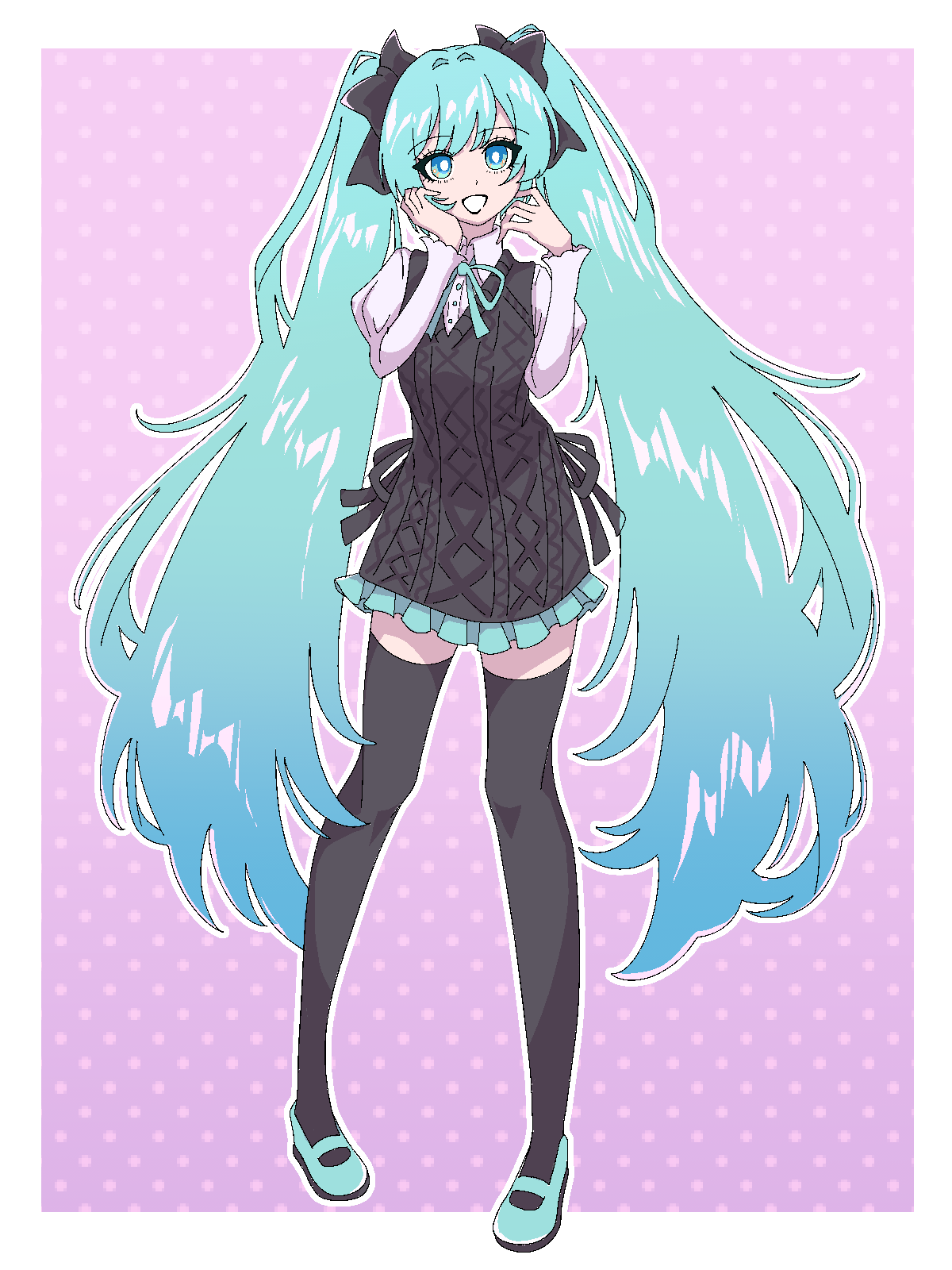 1girl, alternate_costume, aqua_hair, aqua_shoes, black_dress, black_thighhighs, commentary_request, dress, frilled_dress, frills, full_body, funifunimaru, hands_up, hatsune_miku, highres, knit_dress, long_hair, long_sleeves, looking_at_viewer, neck_ribbon, open_mouth, ribbon, shoes, short_dress, smile, solo, standing, thigh-highs, twintails, very_long_hair, vocaloid