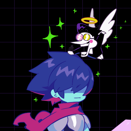angel_wings, armor, black_background, commentary_request, copyright_request, halo, hand_on_another's_head, kris_(deltarune), lowres, nelnal, red_scarf, scarf, spamton_g._spamton, sparkle, sword, weapon, wings