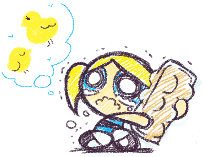 blonde_hair, blue_eyes, bubbles_(ppg), cartoon_network, chick, crayon_(medium), crying, egg_carton