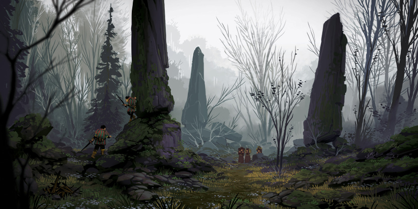 5boys, absurdres, bandit, bare_tree, boulder, branch, clouds, cloudy_sky