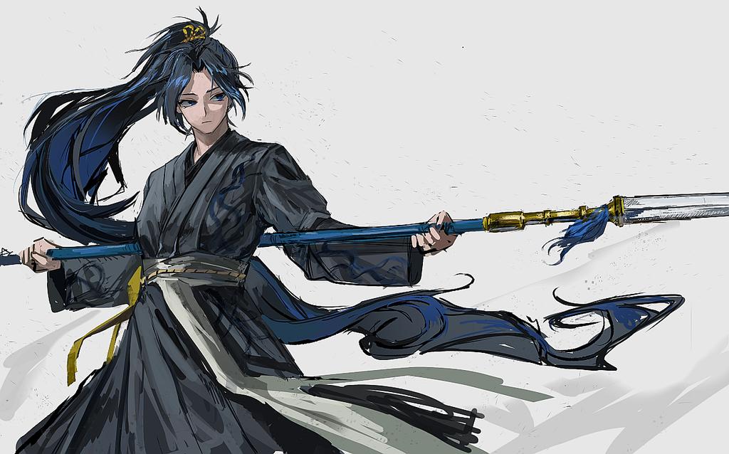 1girl, absurdly_long_hair, black_hair, blue_eyes, blue_hair, closed_mouth, colored_inner_hair, floating_hair