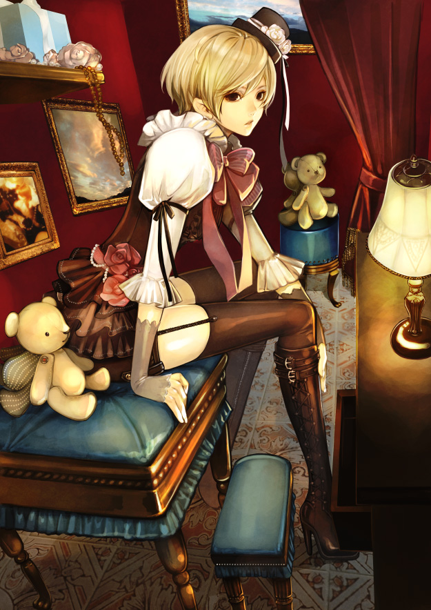 blonde_hair, boots, brown_eyes, fingerless_gloves, garter_straps, gloves, hat, high_heels, ishizuekachiru, knee_boots, lamp, mini_top_hat, original, painting_(object), ribbon, shoes, short_hair, sitting, skirt, solo, stuffed_animal, stuffed_toy, teddy_bear, thigh-highs, thighhighs, top_hat, zettai_ryouiki