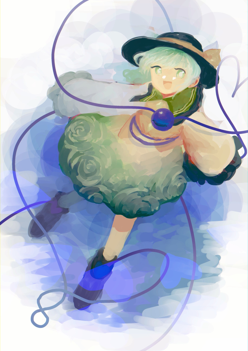 1girl, absurdres, blurry, bowler_hat, commentary_request, full_body, green_skirt, hat