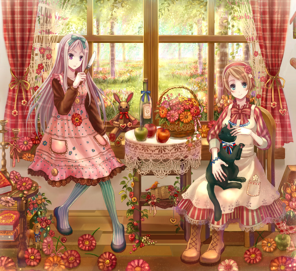 anko_kinako, apple, apron, axis_powers_hetalia, basket, belarus_(hetalia), bird, blonde_hair, blue_eyes, book, boots, bottle, bow, cat, colorful, cross-laced_footwear, deer, doily, dress, flower, food, fruit, hair_bow, hairband, holding, lace-up_boots, long_hair, multiple_girls, pantyhose, purple_eyes, russia_(nekotalia), short_hair, siblings, sisters, sitting, sweat, table, tree, ukraine_(hetalia), vertical-striped_legwear, vertical_stripes, violet_eyes, window
