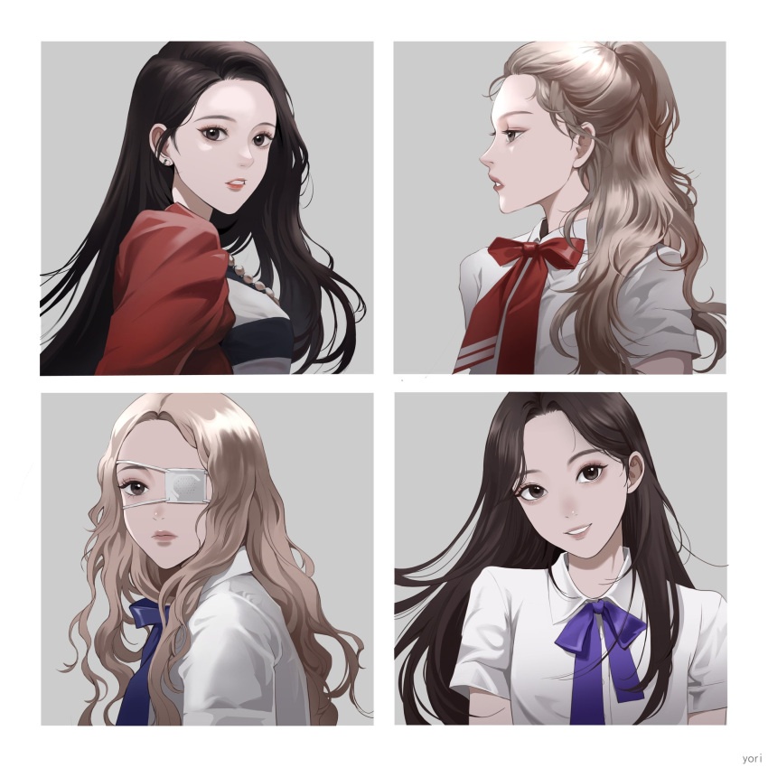 4girls, blonde_hair, choerry, commentary, commentary_request, eyeliner, eyepatch, eyeshadow