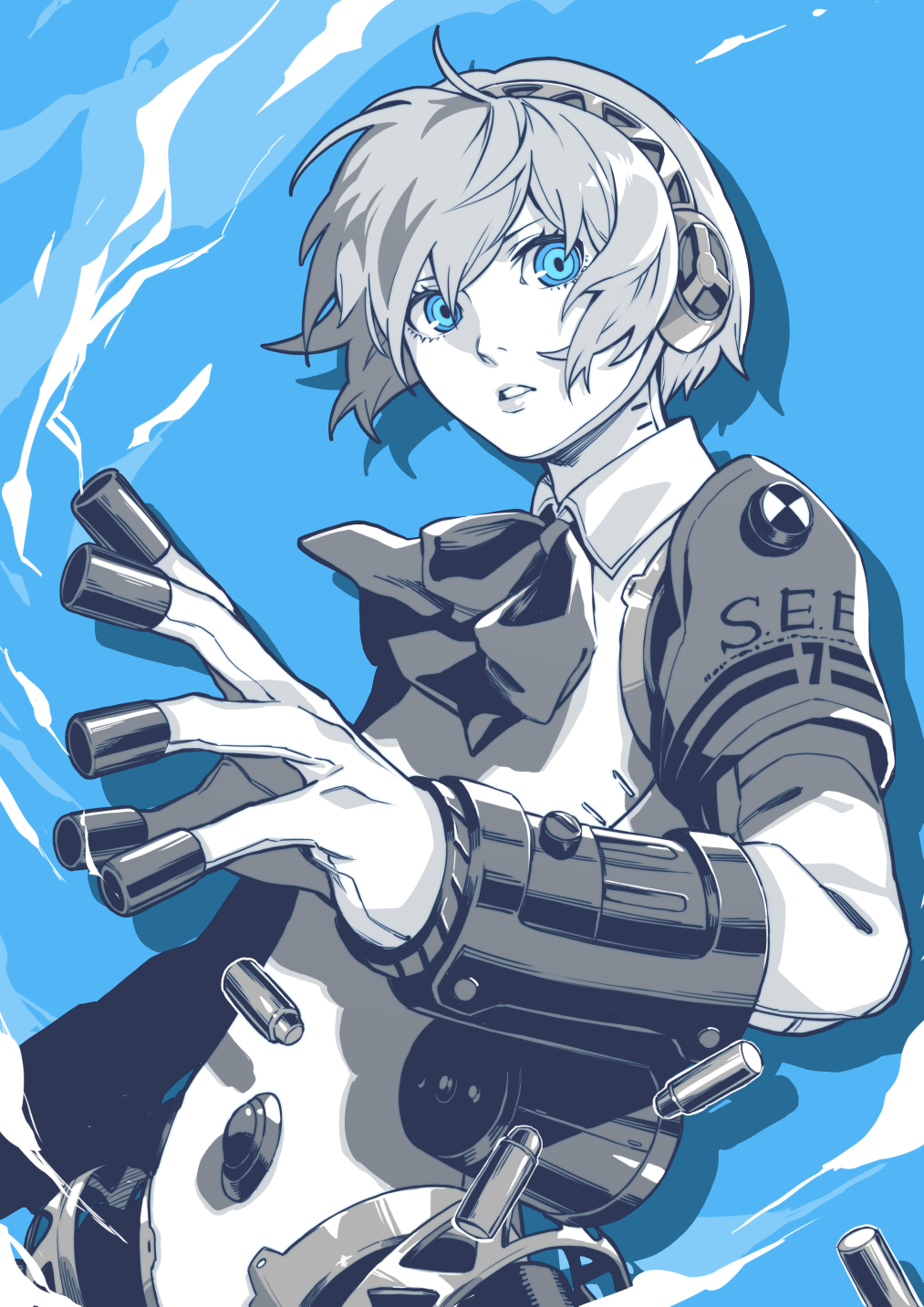 1girl, aigis_(persona), android, blue_background, blue_eyes, bow, bowtie, commentary_request